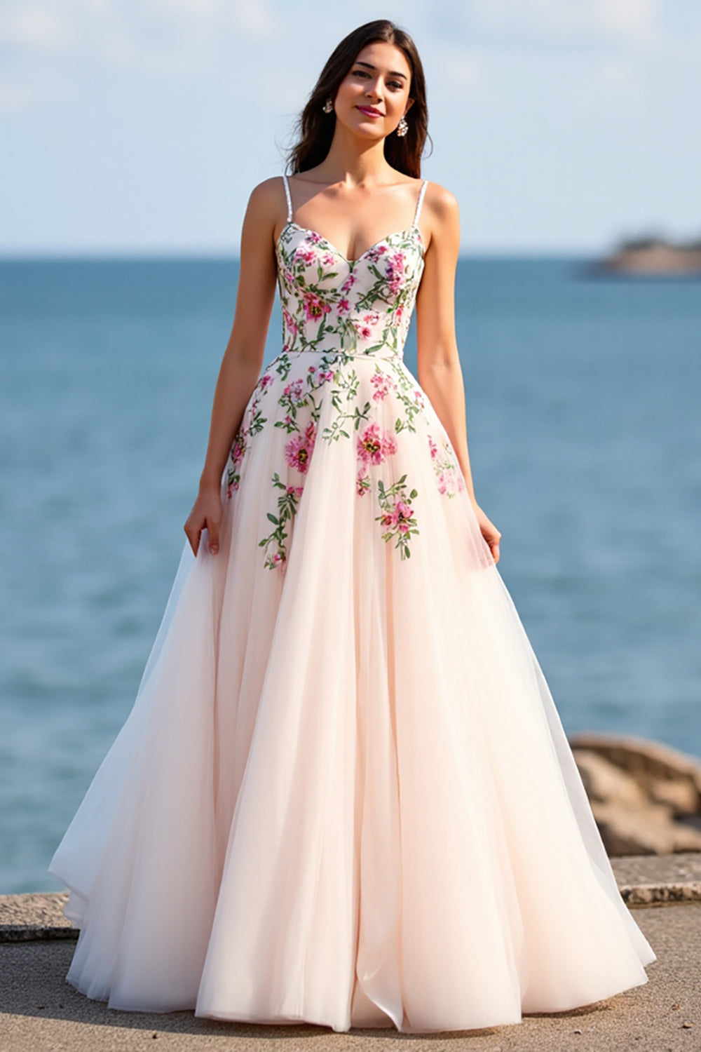 Floral Blush Tulle Ball Gown Sweep Train Wedding Dress