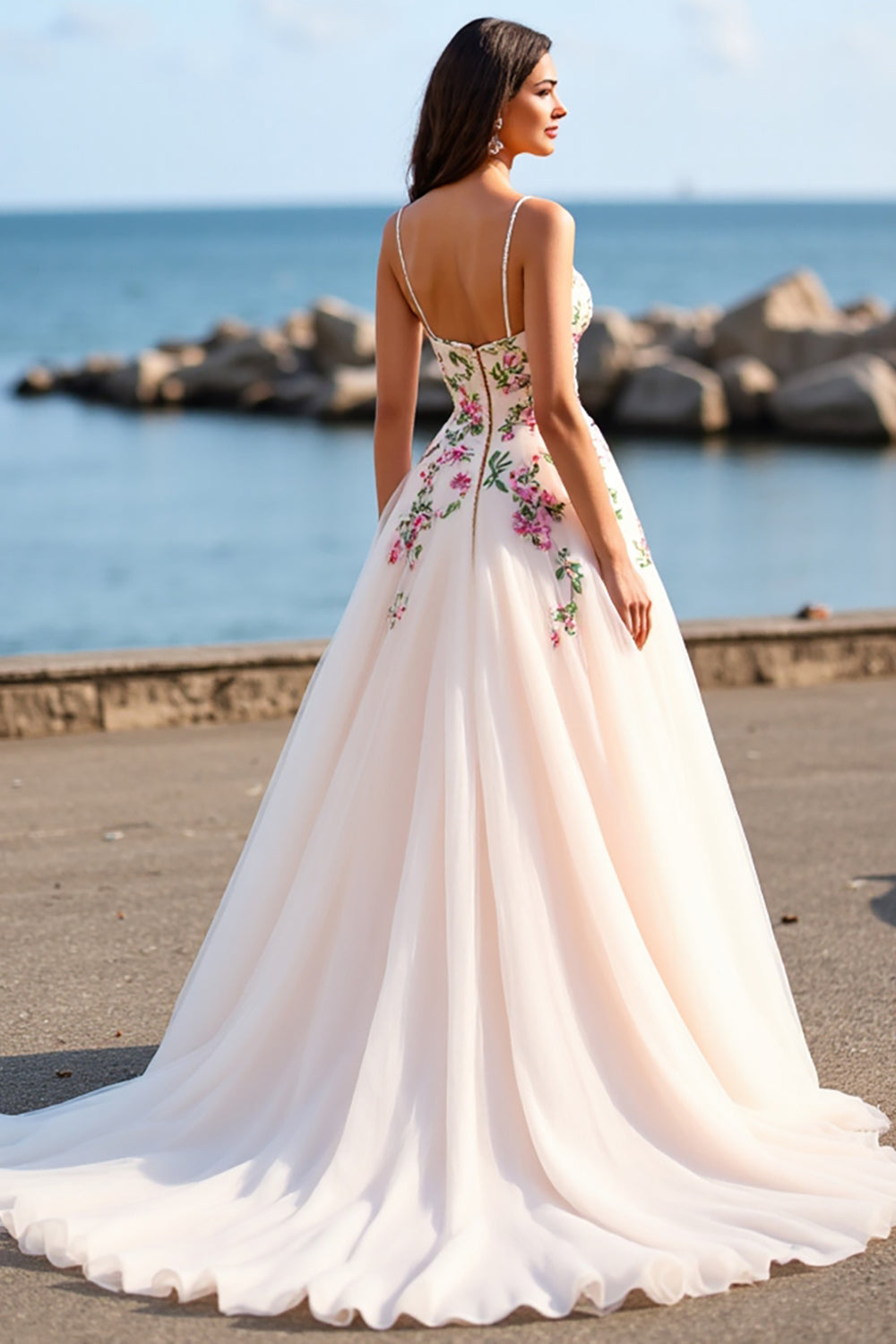 Floral Blush Tulle Ball Gown Sweep Train Wedding Dress