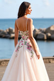 Floral Blush Tulle Ball Gown Sweep Train Wedding Dress