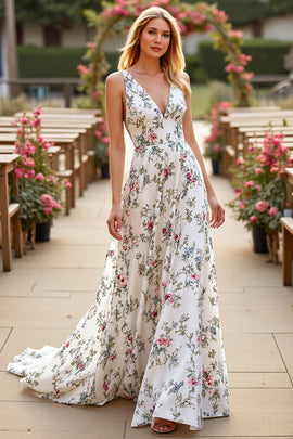 A Line Floral White Satin Sweep Train Wedding Dress