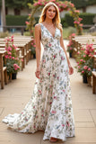 A Line Floral White Satin Sweep Train Wedding Dress