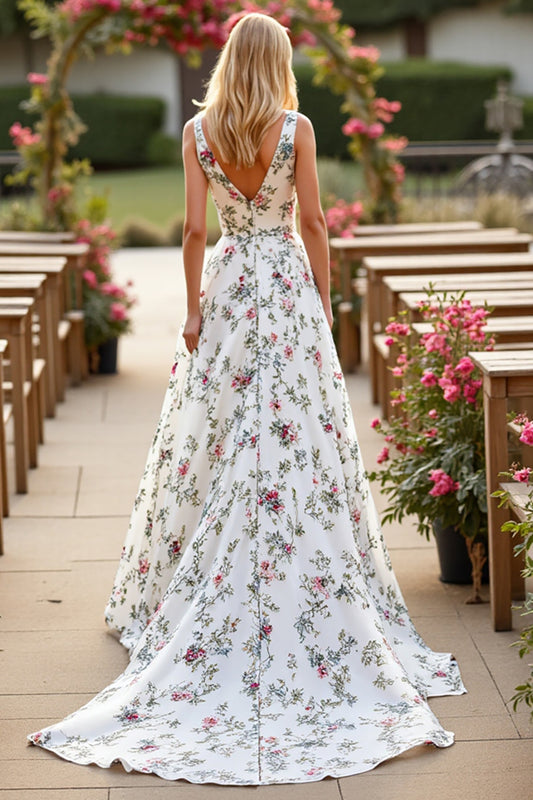 A Line Floral White Satin Sweep Train Wedding Dress