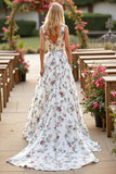 A Line Floral White Satin Sweep Train Wedding Dress
