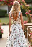 A Line Floral White Satin Sweep Train Wedding Dress