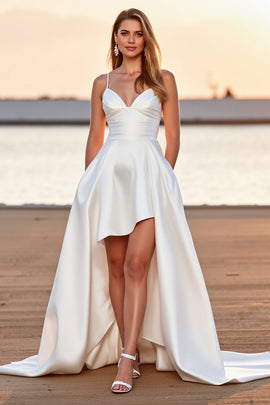 Satin A Line V-Neck White Boho High-Low Wedding Dress