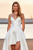 Satin A Line V-Neck White Boho High-Low Wedding Dress