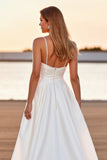 Satin A Line V-Neck White Boho High-Low Wedding Dress