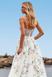 Tulle White A Line Floral Sweep Train Wedding Dress