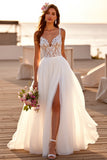 Boho Chiffon White Sweep Train Wedding Dress with Lace