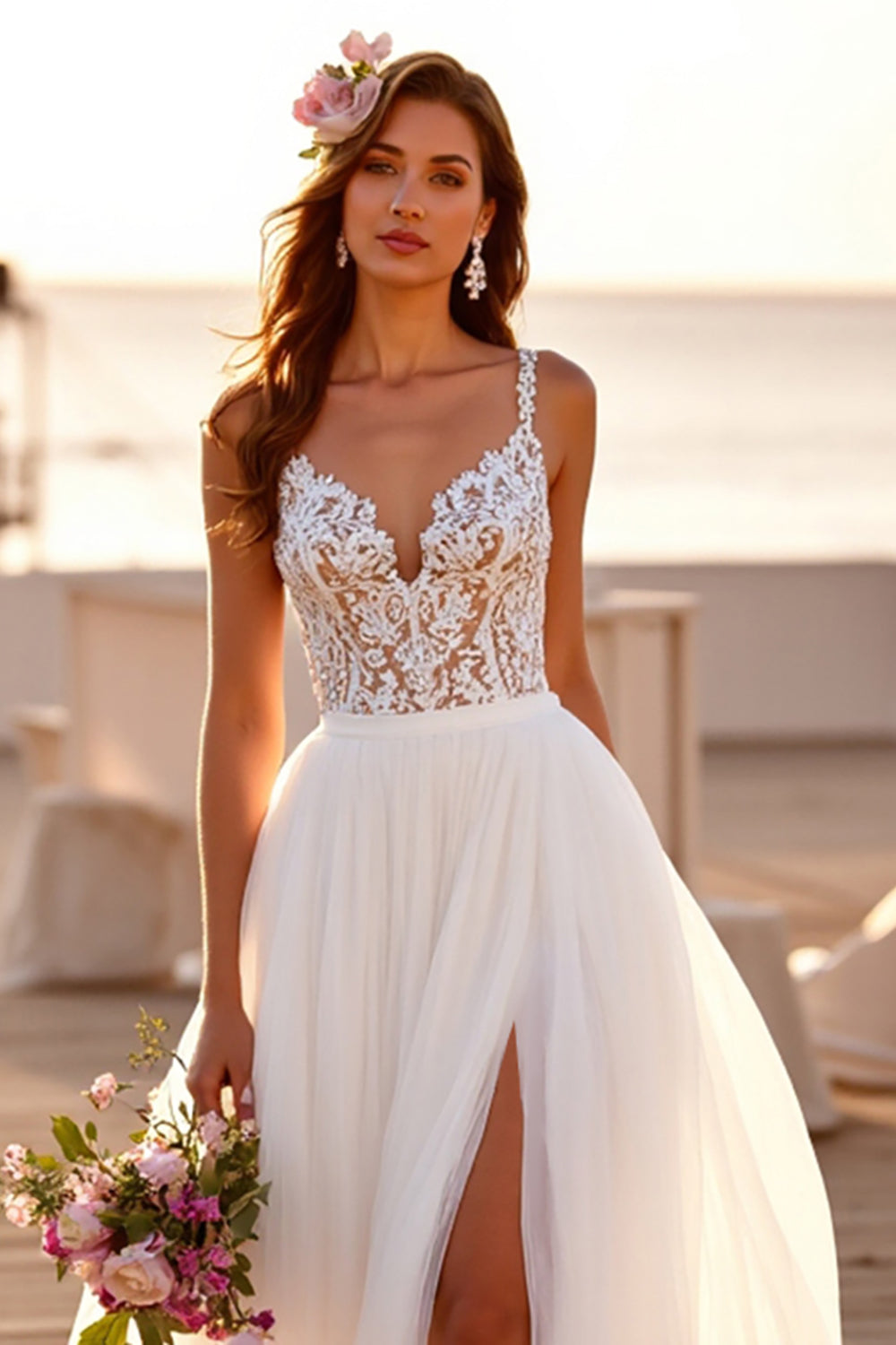 Boho Chiffon White Sweep Train Wedding Dress with Lace
