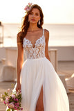 Boho Chiffon White Sweep Train Wedding Dress with Lace