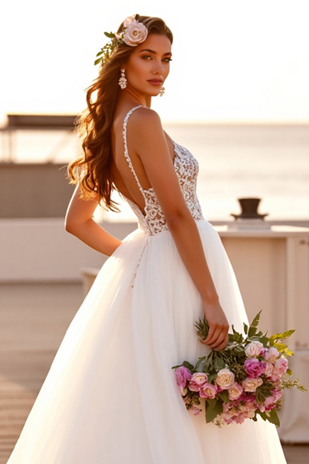 Boho Chiffon White Sweep Train Wedding Dress with Lace