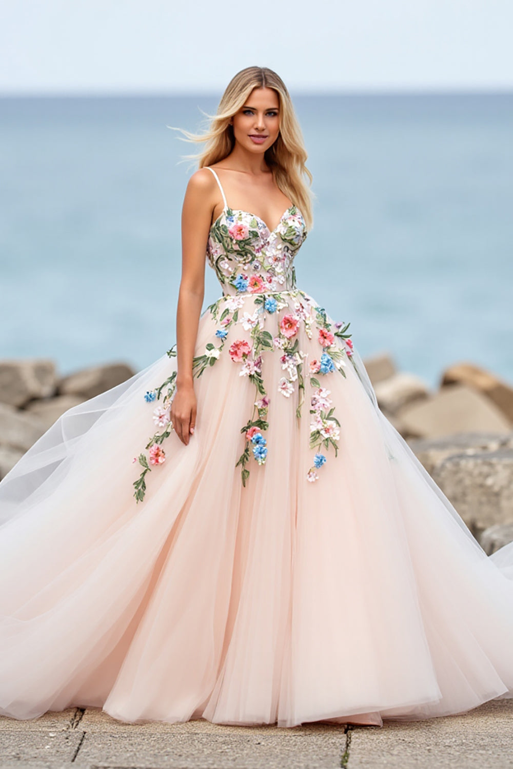 Floral Tulle Blush Ball Gown Sweep Train Wedding Dress