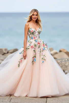 Floral Tulle Blush Ball Gown Sweep Train Wedding Dress