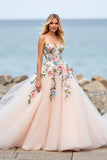 Floral Tulle Blush Ball Gown Sweep Train Wedding Dress