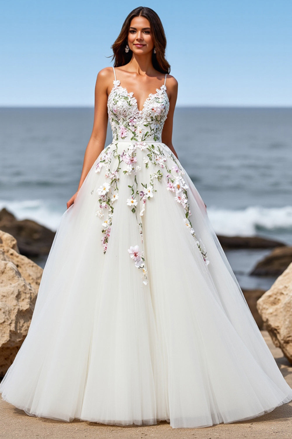 Tulle White Floral Ball Gown Sweep Train Wedding Dress