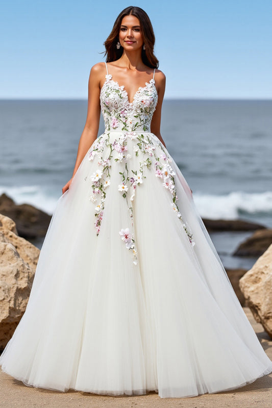 Tulle White Floral Ball Gown Sweep Train Wedding Dress