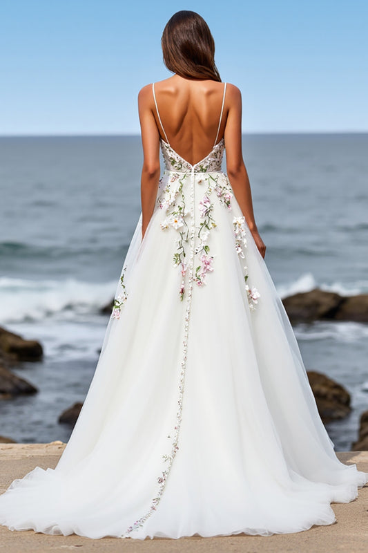 Tulle White Floral Ball Gown Sweep Train Wedding Dress