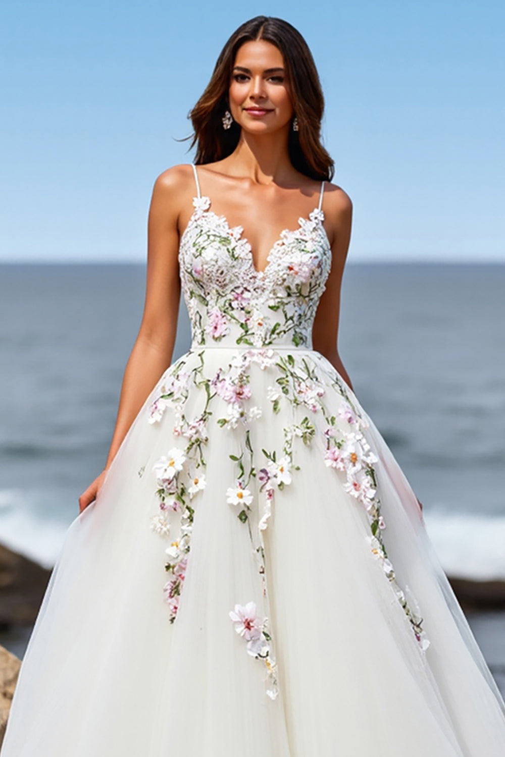 Tulle White Floral Ball Gown Sweep Train Wedding Dress