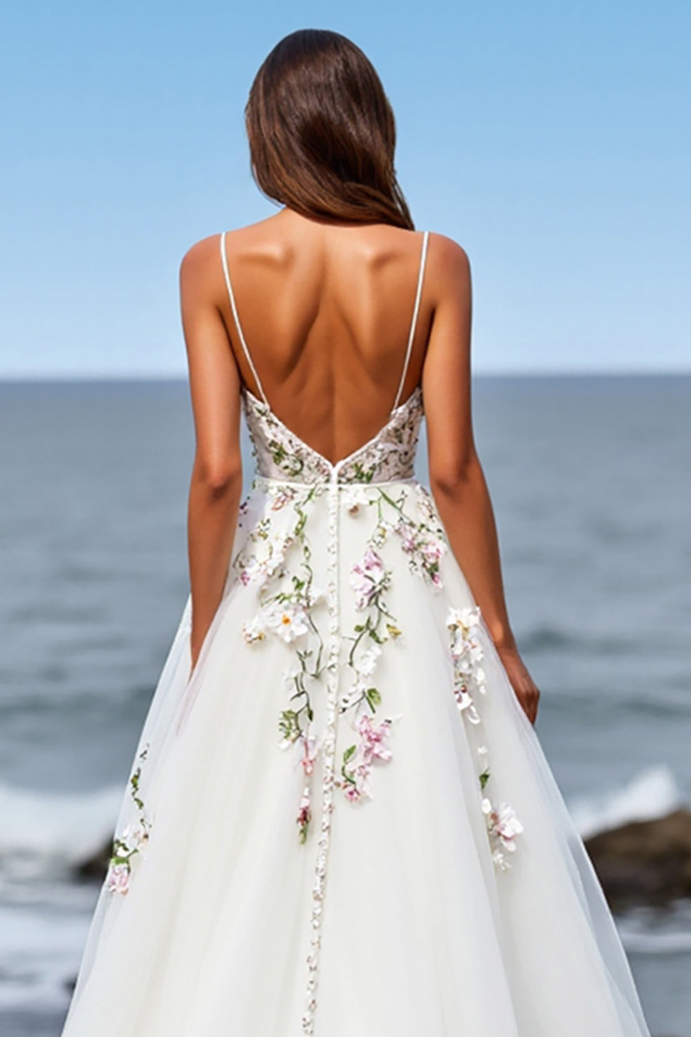 Tulle White Floral Ball Gown Sweep Train Wedding Dress