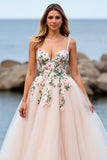 Tulle Floral Blush Ball Gown Sweep Train Wedding Dress
