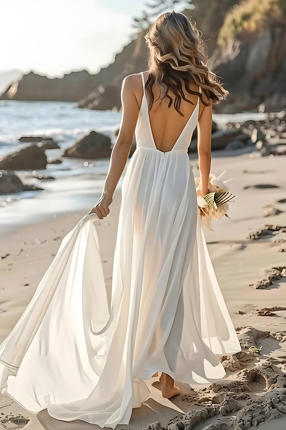 Chiffon White Boho Sweep Train Wedding Dress with Sash