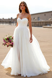 Chiffon Boho White Sweetheart Sweep Train Wedding Dress