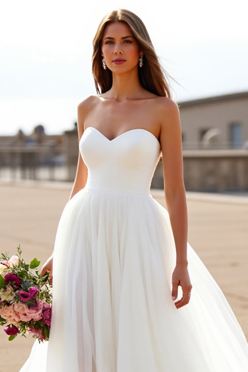 Chiffon Boho White Sweetheart Sweep Train Wedding Dress
