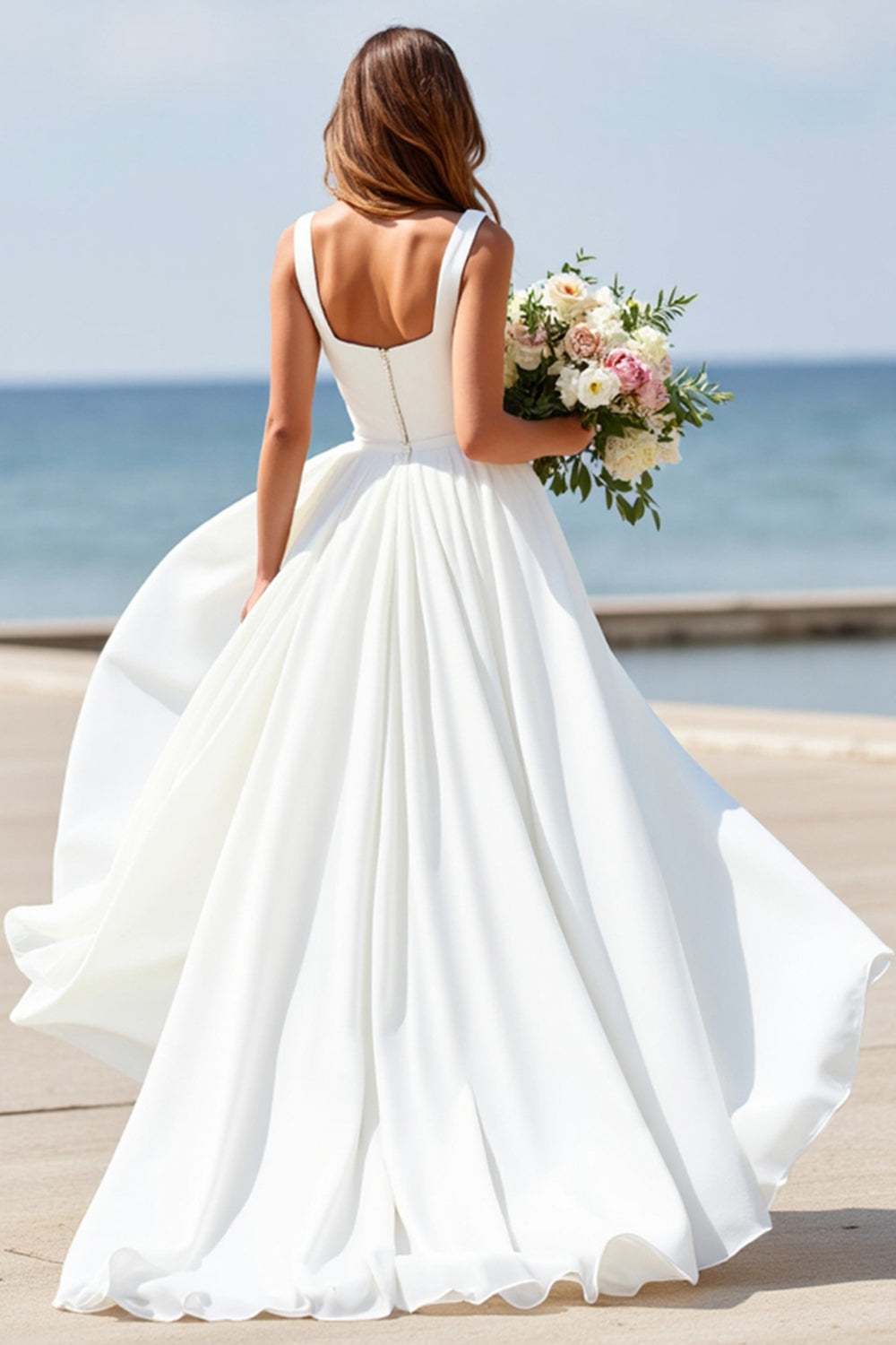 Satin Square Neck A Line White Boho Sweep Train Wedding Dress