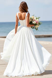 Satin Square Neck A Line White Boho Sweep Train Wedding Dress