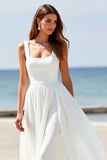 Satin Square Neck A Line White Boho Sweep Train Wedding Dress