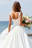 Satin Square Neck A Line White Boho Sweep Train Wedding Dress