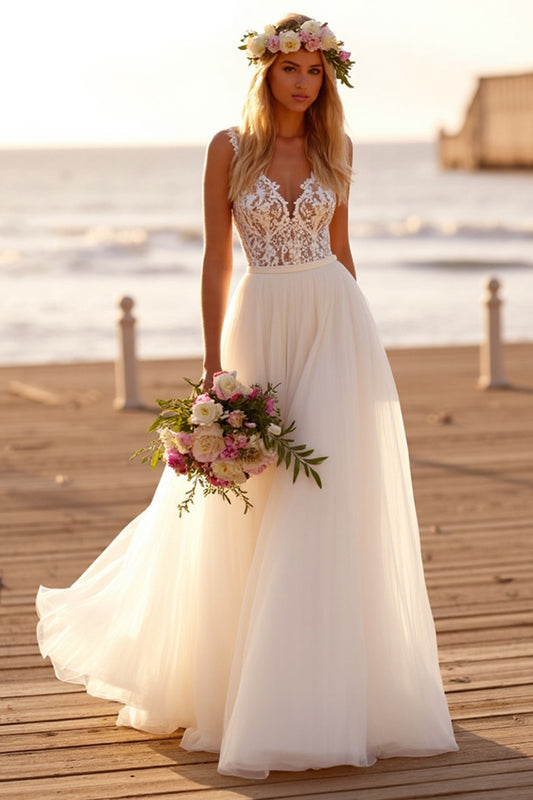 White Chiffon V-Neck Boho Sweep Train Wedding Dress with Lace