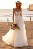 White Chiffon V-Neck Boho Sweep Train Wedding Dress with Lace
