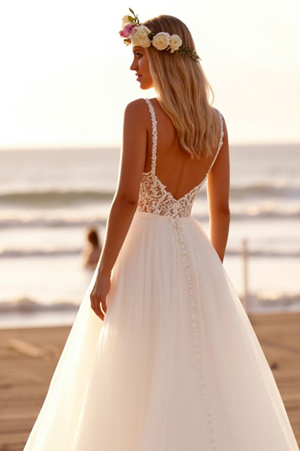 White Chiffon V-Neck Boho Sweep Train Wedding Dress with Lace