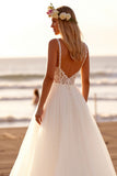 White Chiffon V-Neck Boho Sweep Train Wedding Dress with Lace