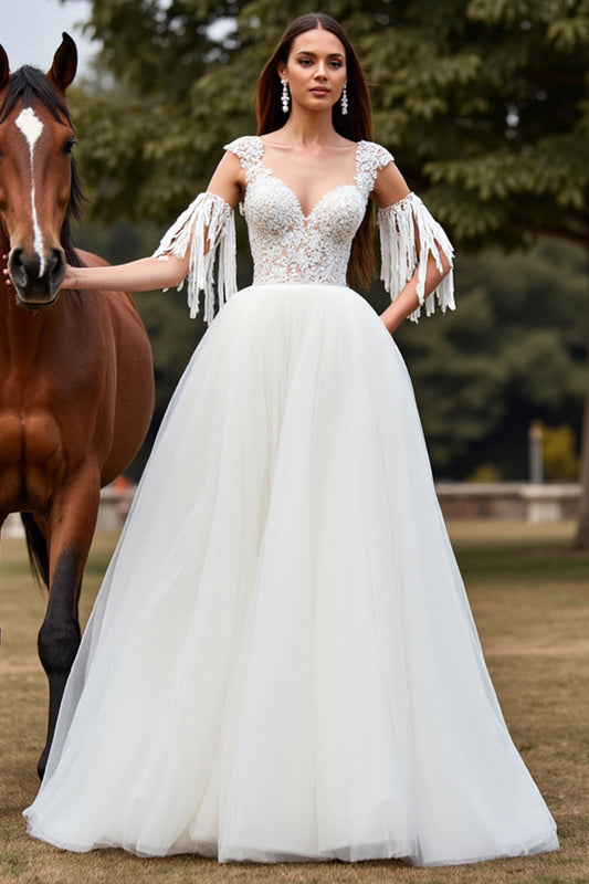 Tulle White Ball Gown Sweep Train Wedding Dress with Fringes