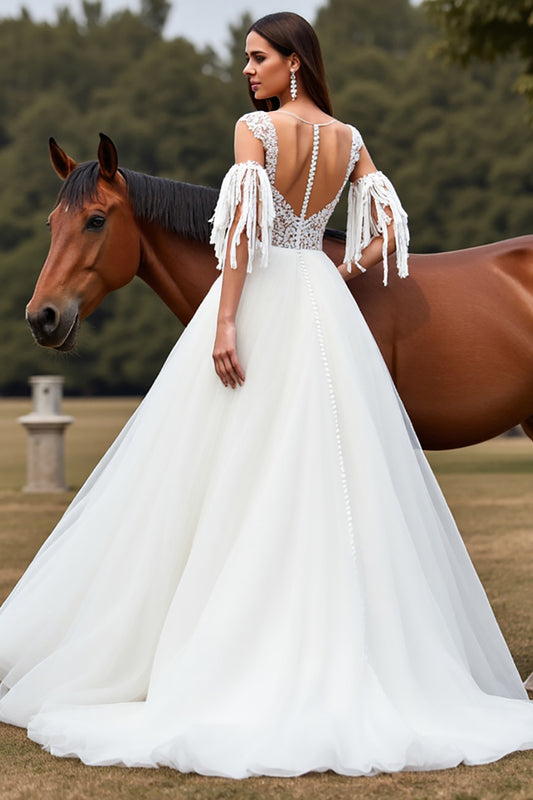 Tulle White Ball Gown Sweep Train Wedding Dress with Fringes