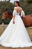 Tulle White Ball Gown Sweep Train Wedding Dress with Fringes