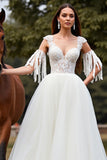Tulle White Ball Gown Sweep Train Wedding Dress with Fringes