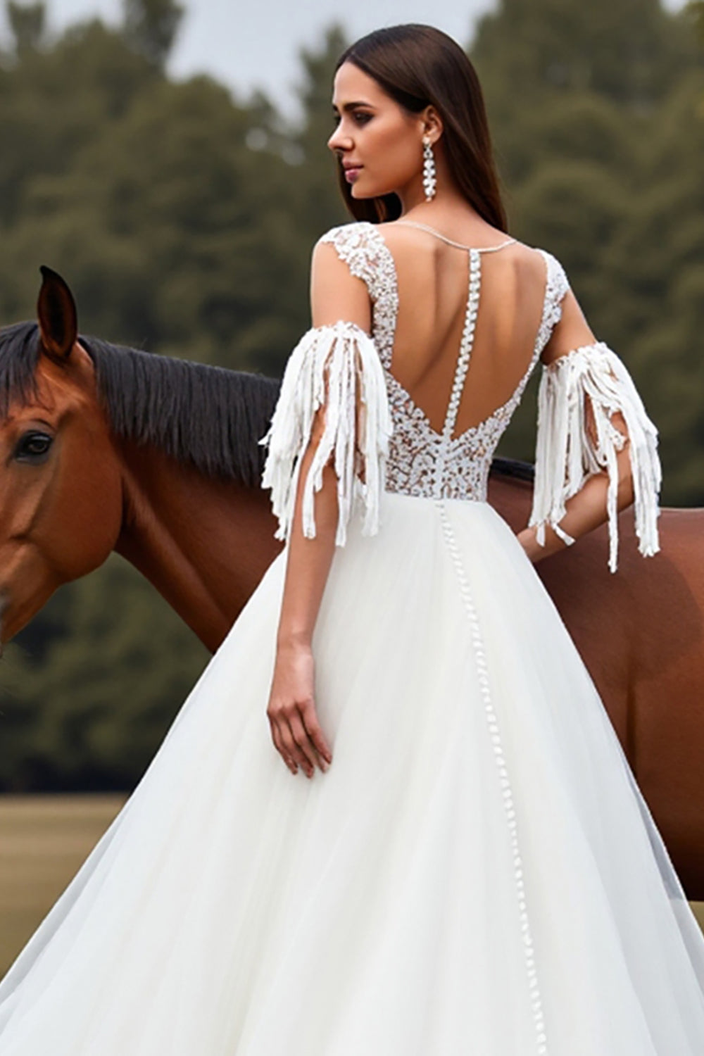 Tulle White Ball Gown Sweep Train Wedding Dress with Fringes