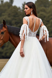 Tulle White Ball Gown Sweep Train Wedding Dress with Fringes