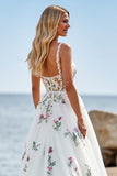 Floral Tulle White Sweep Train Wedding Dress with Lace