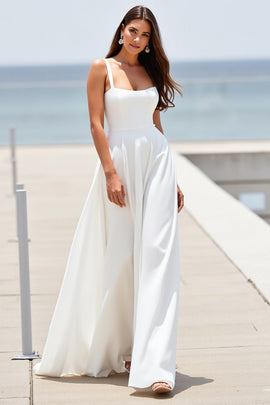 Satin White Square Neck Boho Sweep Train Wedding Dress