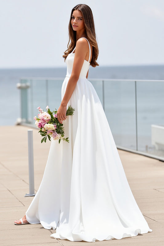 Satin White Square Neck Boho Sweep Train Wedding Dress