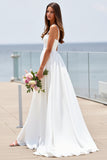 Satin White Square Neck Boho Sweep Train Wedding Dress