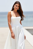 Satin White Square Neck Boho Sweep Train Wedding Dress