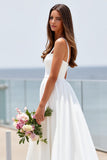 Satin White Square Neck Boho Sweep Train Wedding Dress