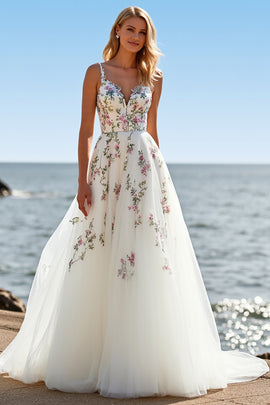 A Line Floral Tulle White Sweep Train Wedding Dress