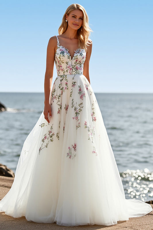 A Line Floral Tulle White Sweep Train Wedding Dress